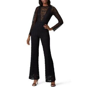 Nightcap Serata Black Lace Long Sleeve V-Neck Flare Leg Jumpsuit Size M